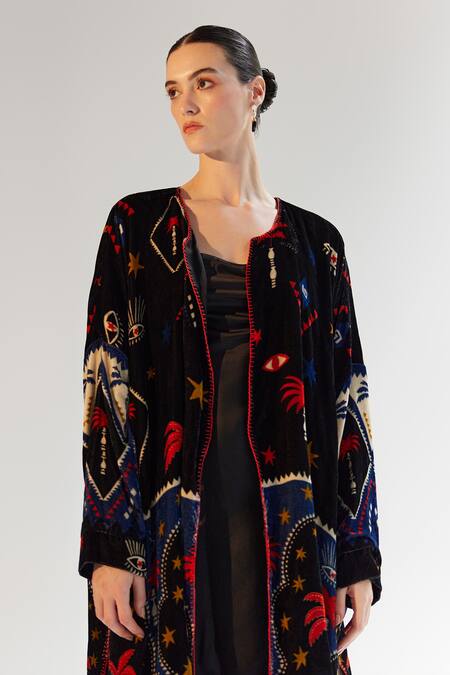 Buy_NOIB_Multi Color Viscose, Silk, Velvet Open Demi Arabian Nights Reversible Poncho_Online_at_Aza_Fashions