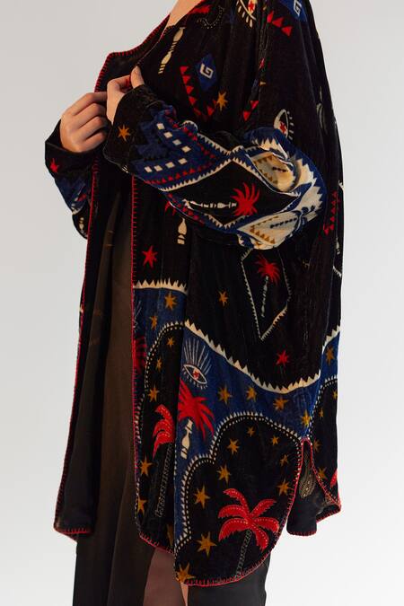 Shop_NOIB_Multi Color Viscose, Silk, Velvet Open Demi Arabian Nights Reversible Poncho_Online_at_Aza_Fashions