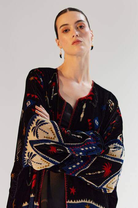 NOIB_Multi Color Viscose, Silk, Velvet Open Demi Arabian Nights Reversible Poncho_at_Aza_Fashions
