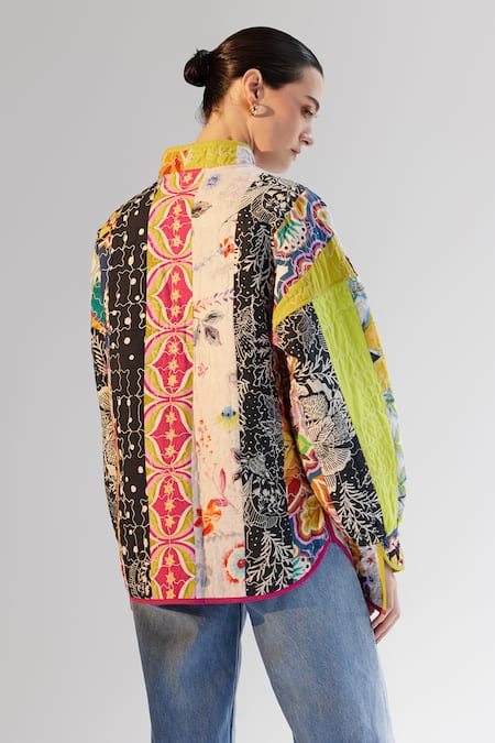 Shop_NOIB_Multi Color Cotton Bandeau Neck Noib Quilted Reversible Jacket _at_Aza_Fashions
