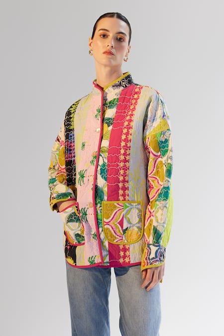 NOIB_Multi Color Cotton Bandeau Neck Noib Quilted Reversible Jacket _Online_at_Aza_Fashions