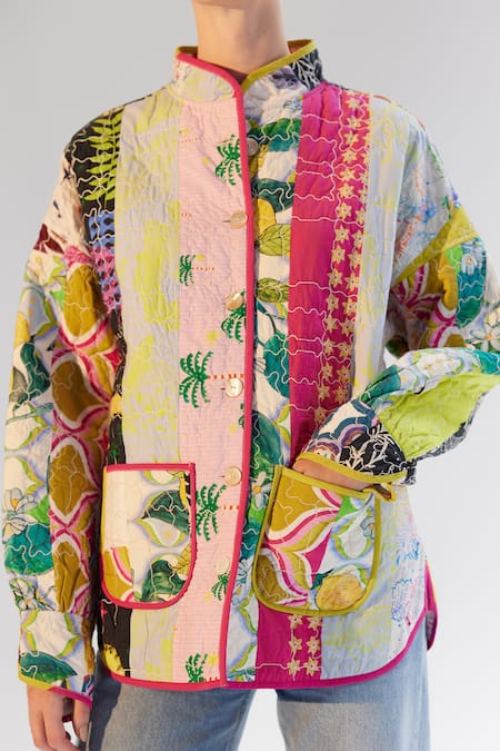 Buy_NOIB_Multi Color Cotton Bandeau Neck Noib Quilted Reversible Jacket _Online_at_Aza_Fashions