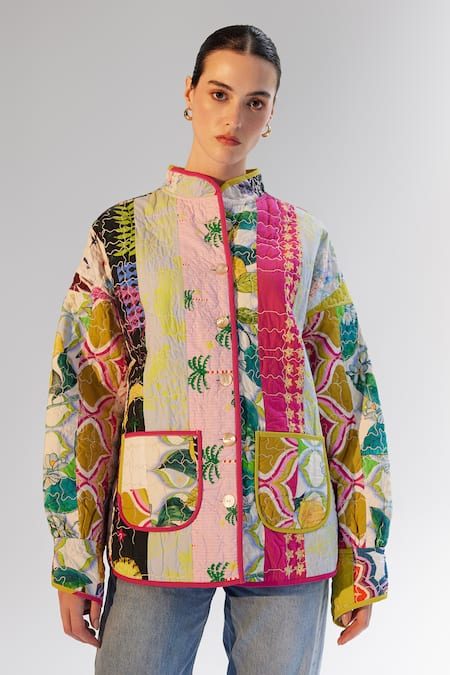 Shop_NOIB_Multi Color Cotton Bandeau Neck Noib Quilted Reversible Jacket _Online_at_Aza_Fashions