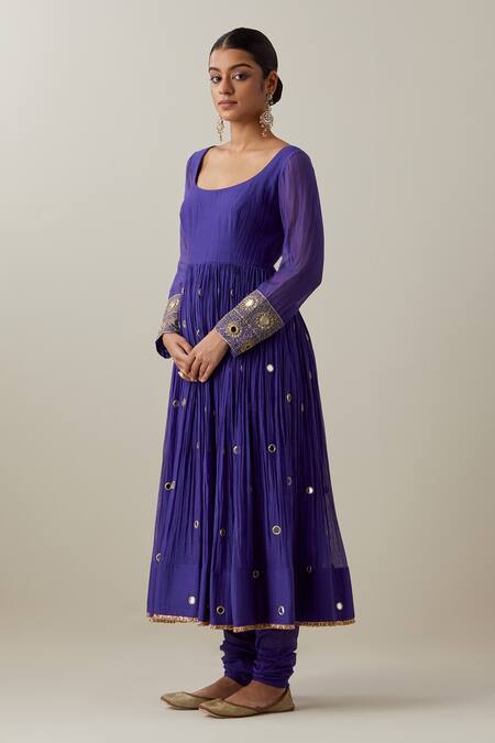 Ikshita Choudhary_Blue Chanderi, Brocade Mirrors, Embroidery Scoop Neck Anarkali And Churidar Set _Online_at_Aza_Fashions