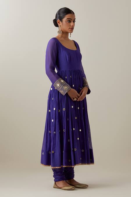 Buy_Ikshita Choudhary_Blue Chanderi, Brocade Mirrors, Embroidery Scoop Neck Anarkali And Churidar Set _Online_at_Aza_Fashions