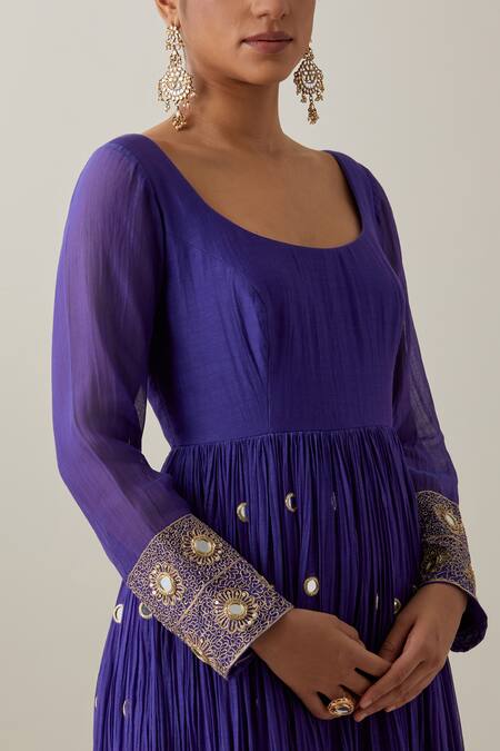 Shop_Ikshita Choudhary_Blue Chanderi, Brocade Mirrors, Embroidery Scoop Neck Anarkali And Churidar Set _Online_at_Aza_Fashions