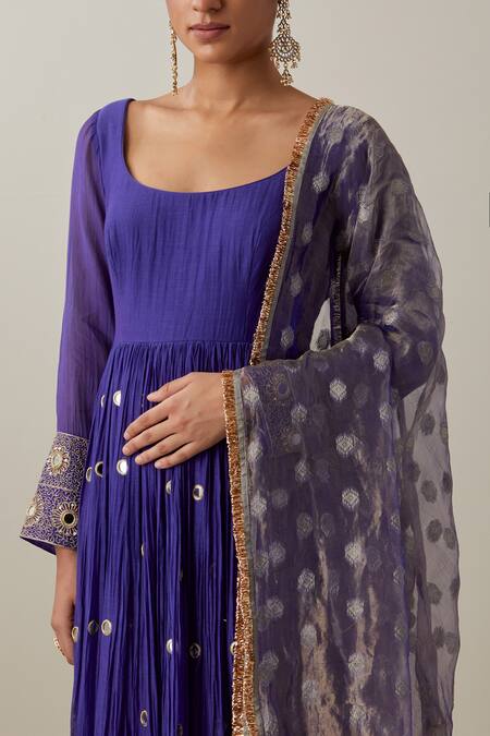 Ikshita Choudhary_Blue Chanderi, Brocade Mirrors, Embroidery Scoop Neck Anarkali And Churidar Set _at_Aza_Fashions