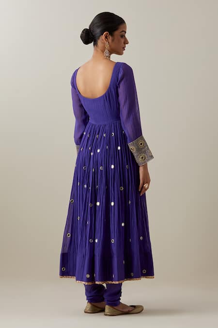 Shop_Ikshita Choudhary_Blue Chanderi, Brocade Mirrors, Embroidery Scoop Neck Anarkali And Churidar Set _at_Aza_Fashions