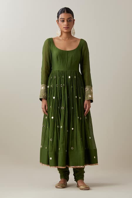 Ikshita Choudhary_Green Chanderi, Brocade Mirrors, Embroidery Thread Anarkali And Churidar Set _Online_at_Aza_Fashions