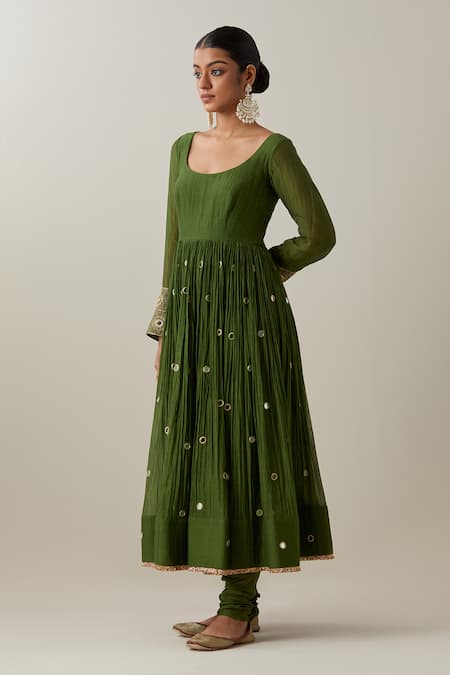 Buy_Ikshita Choudhary_Green Chanderi, Brocade Mirrors, Embroidery Thread Anarkali And Churidar Set _Online_at_Aza_Fashions