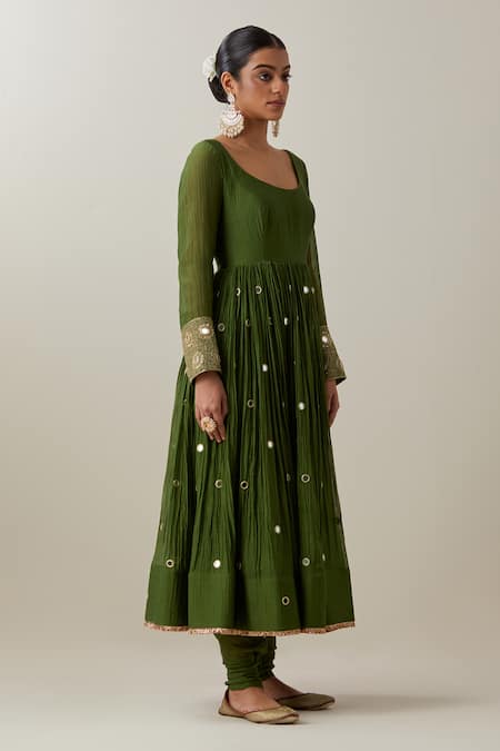 Shop_Ikshita Choudhary_Green Chanderi, Brocade Mirrors, Embroidery Thread Anarkali And Churidar Set _Online_at_Aza_Fashions