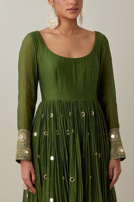 Ikshita Choudhary_Green Chanderi, Brocade Mirrors, Embroidery Thread Anarkali And Churidar Set _at_Aza_Fashions