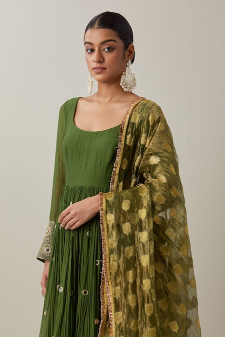 Buy_Ikshita Choudhary_Green Chanderi, Brocade Mirrors, Embroidery Thread Anarkali And Churidar Set 