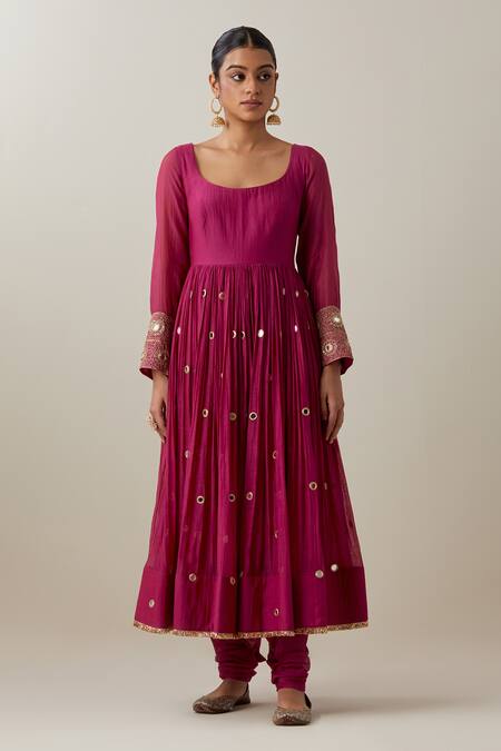 Ikshita Choudhary_Magenta Chanderi, Muslin, Brocade Mirrors, Gathered Anarkali And Churidar Set _Online_at_Aza_Fashions