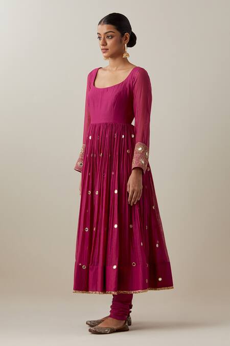 Buy_Ikshita Choudhary_Magenta Chanderi, Muslin, Brocade Mirrors, Gathered Anarkali And Churidar Set _Online_at_Aza_Fashions