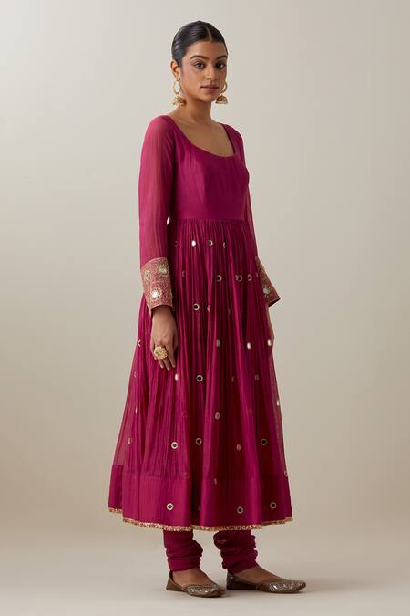 Shop_Ikshita Choudhary_Magenta Chanderi, Muslin, Brocade Mirrors, Gathered Anarkali And Churidar Set _Online_at_Aza_Fashions
