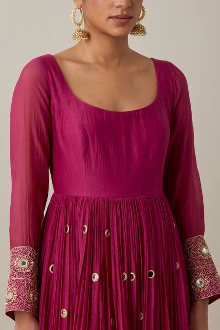 Ikshita Choudhary_Magenta Chanderi, Muslin, Brocade Mirrors, Gathered Anarkali And Churidar Set _at_Aza_Fashions