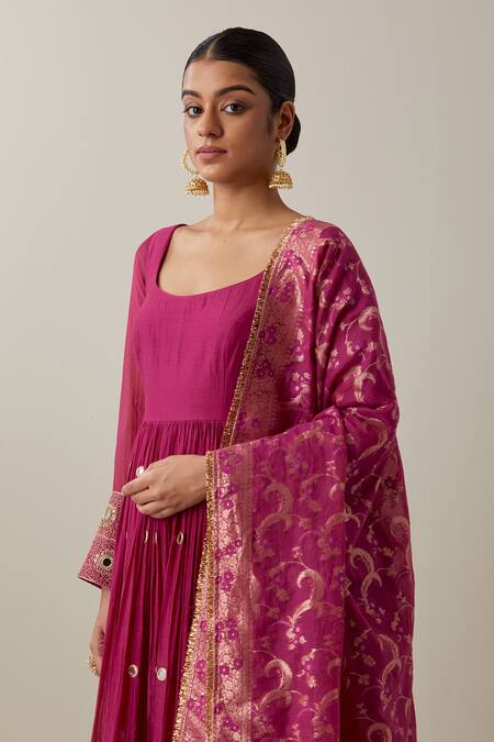 Buy_Ikshita Choudhary_Magenta Chanderi, Muslin, Brocade Mirrors, Gathered Anarkali And Churidar Set 