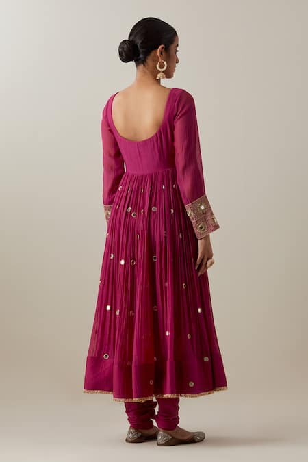 Shop_Ikshita Choudhary_Magenta Chanderi, Muslin, Brocade Mirrors, Gathered Anarkali And Churidar Set _at_Aza_Fashions