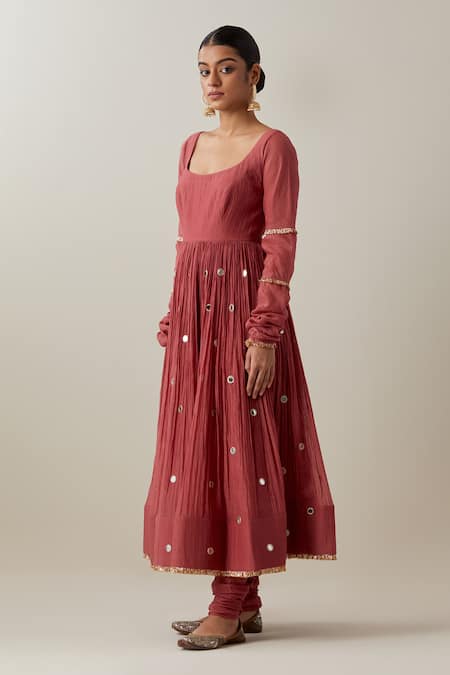 Ikshita Choudhary_Peach Chanderi, Brocade Mirrors, Thread Gathered Anarkali And Churidar Set _Online_at_Aza_Fashions