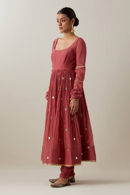 Buy_Ikshita Choudhary_Peach Chanderi, Brocade Mirrors, Thread Gathered Anarkali And Churidar Set _Online_at_Aza_Fashions