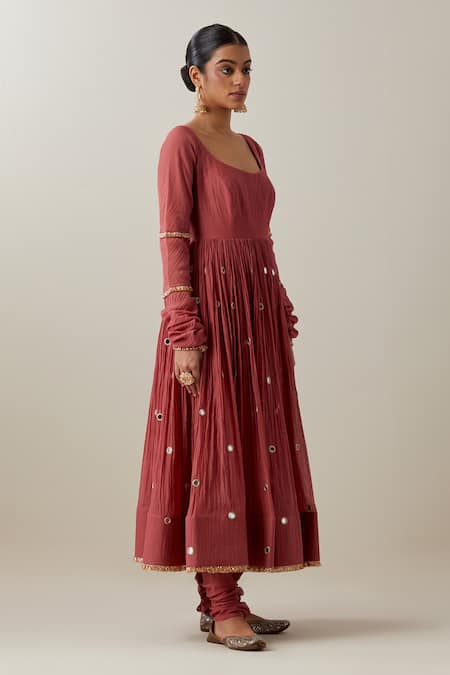 Shop_Ikshita Choudhary_Peach Chanderi, Brocade Mirrors, Thread Gathered Anarkali And Churidar Set _Online_at_Aza_Fashions