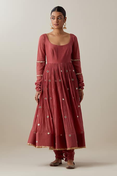 Ikshita Choudhary_Peach Chanderi, Brocade Mirrors, Thread Gathered Anarkali And Churidar Set _at_Aza_Fashions