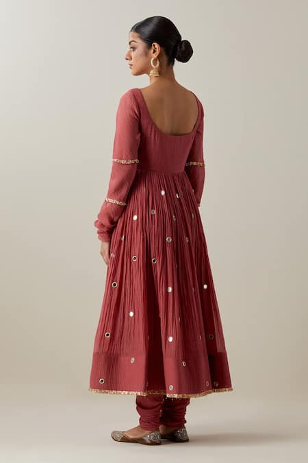 Shop_Ikshita Choudhary_Peach Chanderi, Brocade Mirrors, Thread Gathered Anarkali And Churidar Set _at_Aza_Fashions