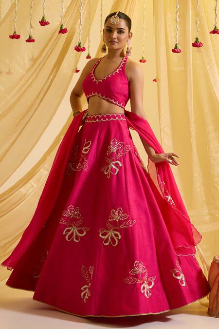 Sonal Pasrija_Fuchsia Silk, Organza, Crepe Embroidery Halter Neck Floral Kalidar Lehenga Set _Online_at_Aza_Fashions
