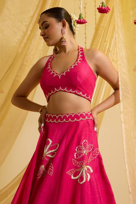 Buy_Sonal Pasrija_Fuchsia Silk, Organza, Crepe Embroidery Halter Neck Floral Kalidar Lehenga Set _Online_at_Aza_Fashions