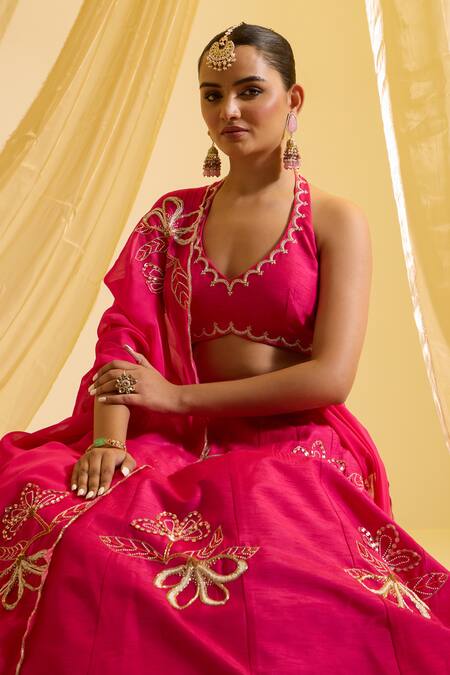 Shop_Sonal Pasrija_Fuchsia Silk, Organza, Crepe Embroidery Halter Neck Floral Kalidar Lehenga Set _Online_at_Aza_Fashions