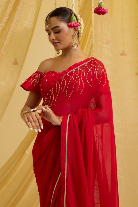 Sonal Pasrija_Red Silk, Georgette, Crepe Beads Swirl Embroidered Pre-draped Saree With Blouse _Online_at_Aza_Fashions