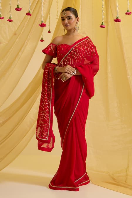Buy_Sonal Pasrija_Red Silk, Georgette, Crepe Beads Swirl Embroidered Pre-draped Saree With Blouse _Online_at_Aza_Fashions