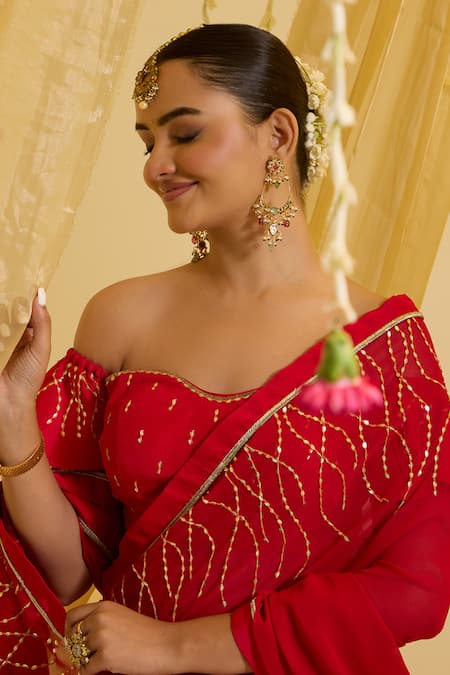 Shop_Sonal Pasrija_Red Silk, Georgette, Crepe Beads Swirl Embroidered Pre-draped Saree With Blouse _Online_at_Aza_Fashions