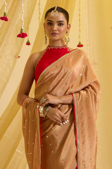 Sonal Pasrija_Beige Silk, Crepe Sequins Halter Neck Embroidered Pre-draped Saree With Blouse _Online_at_Aza_Fashions