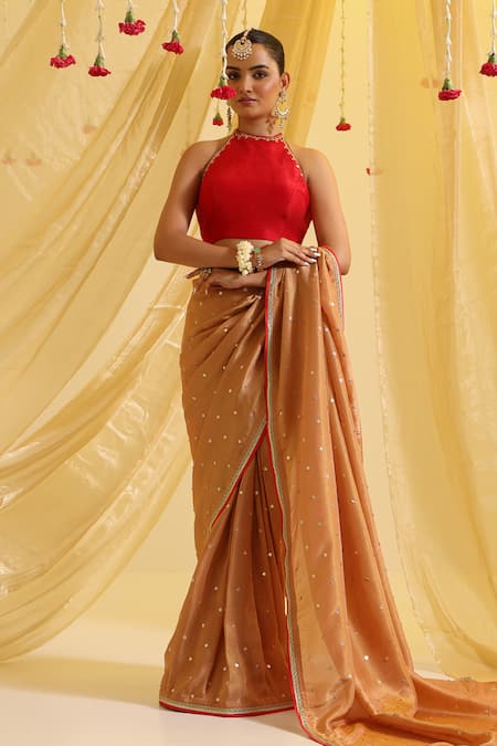 Buy_Sonal Pasrija_Beige Silk, Crepe Sequins Halter Neck Embroidered Pre-draped Saree With Blouse _Online_at_Aza_Fashions