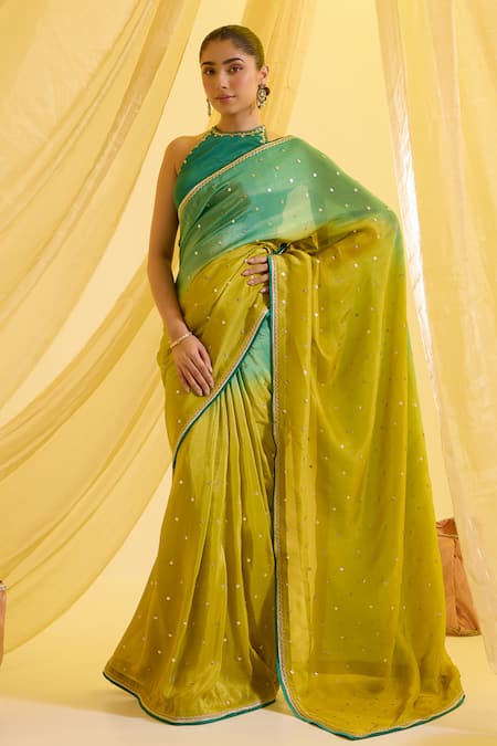 Sonal Pasrija Sequin Embroidered Ombre Pre-Draped Saree With Blouse 