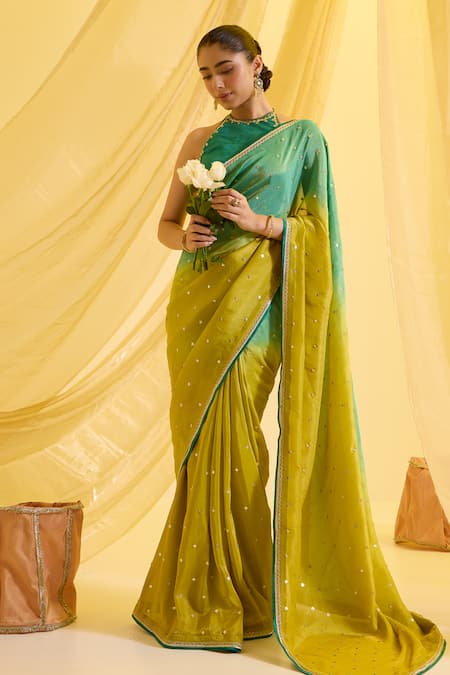 Sonal Pasrija_Green Silk, Crepe Sequins Halter Embroidered Ombre Pre-draped Saree With Blouse _Online_at_Aza_Fashions