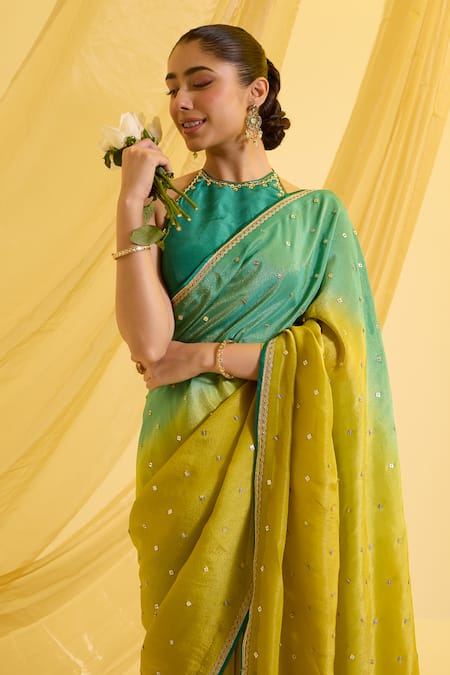 Buy_Sonal Pasrija_Green Silk, Crepe Sequins Halter Embroidered Ombre Pre-draped Saree With Blouse _Online_at_Aza_Fashions