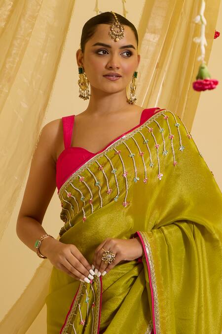 Buy Sonal Pasrija Green Silk, Crepe Beads, Embroidery Sweetheart Neck Pre-draped Saree With Blouse Online at Aza Fashions Buy_Sonal Pasrija_Green Silk, Crepe Beads, Embroidery Sweetheart Neck Pre-draped Saree With Blouse _Online_at_Aza_Fashions