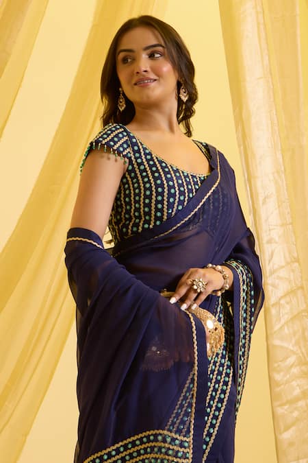 Sonal Pasrija_Blue Silk, Georgette, Crepe Embroidery, Gota Patti, Pre-draped Saree With Blouse _Online_at_Aza_Fashions