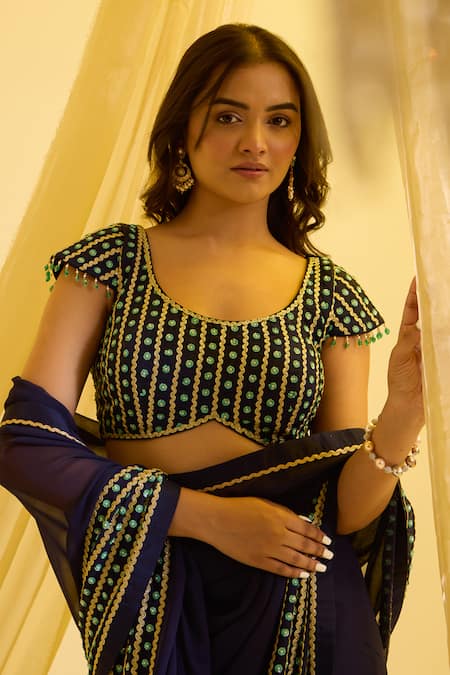 Buy_Sonal Pasrija_Blue Silk, Georgette, Crepe Embroidery, Gota Patti, Pre-draped Saree With Blouse _Online_at_Aza_Fashions