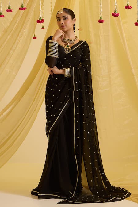 Sonal Pasrija_Black Silk, Georgette Embroidery Asymmetric Floral Pre-draped Saree With Blouse _Online_at_Aza_Fashions