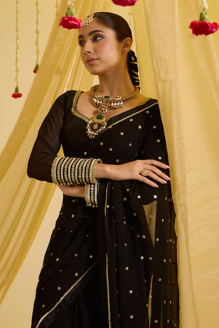 Buy_Sonal Pasrija_Black Silk, Georgette Embroidery Asymmetric Floral Pre-draped Saree With Blouse _Online_at_Aza_Fashions
