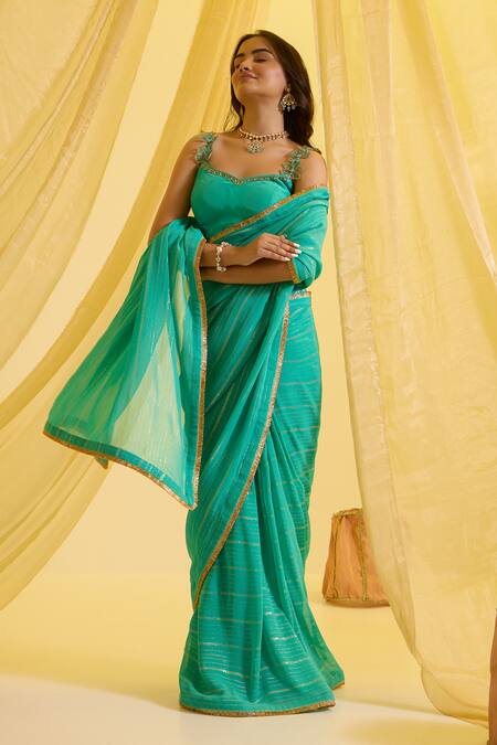 Sonal Pasrija_Blue Silk, Lurex, Crepe Embroidery, Zari Sweetheart Pre-draped Saree With Blouse _Online_at_Aza_Fashions