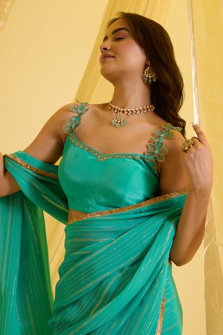 Buy_Sonal Pasrija_Blue Silk, Lurex, Crepe Embroidery, Zari Sweetheart Pre-draped Saree With Blouse _Online_at_Aza_Fashions