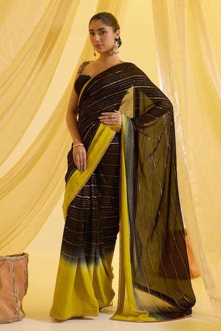 Sonal Pasrija_Black Silk, Lurex, Crepe Zari, Embroidery Ombre Pre-draped Saree With Blouse _Online_at_Aza_Fashions