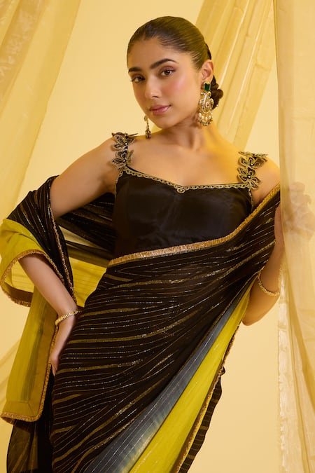 Buy_Sonal Pasrija_Black Silk, Lurex, Crepe Zari, Embroidery Ombre Pre-draped Saree With Blouse _Online_at_Aza_Fashions