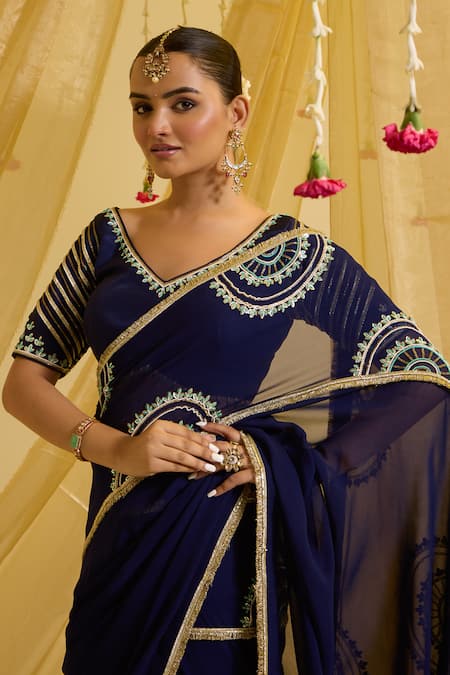 Sonal Pasrija Blue Silk, Georgette, Crepe Beads, Floral Hand Pre-draped Saree With Blouse Online at Aza Fashions Sonal Pasrija_Blue Silk, Georgette, Crepe Beads, Floral Hand Pre-draped Saree With Blouse _Online_at_Aza_Fashions