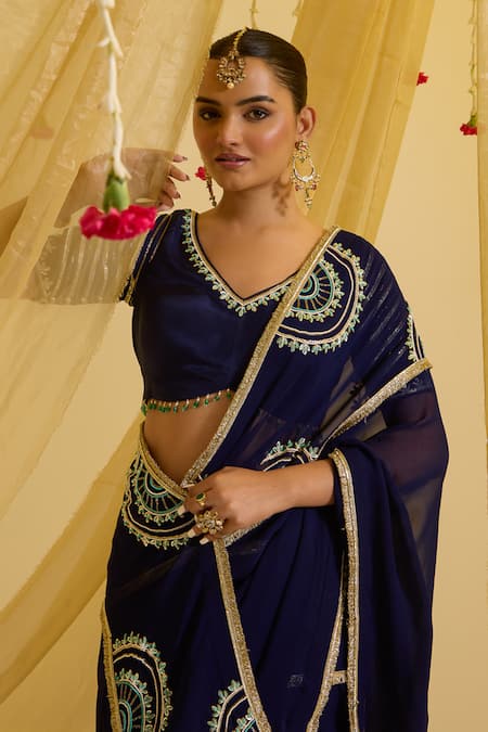 Buy Sonal Pasrija Blue Silk, Georgette, Crepe Beads, Floral Hand Pre-draped Saree With Blouse Online at Aza Fashions Buy_Sonal Pasrija_Blue Silk, Georgette, Crepe Beads, Floral Hand Pre-draped Saree With Blouse _Online_at_Aza_Fashions